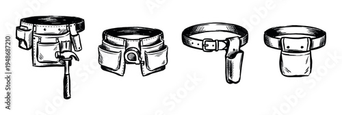 Hand-drawn illustration of various work tool belts and pouches, including one with a hammer, for construction and repair tasks.