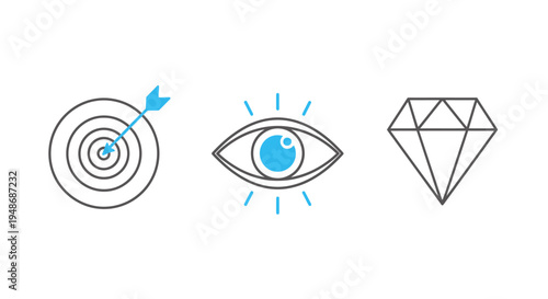 Target and Eye and Diamond Icons: Concentric Rings, Gaze Symbol, and Geometric Diamond Illustration.