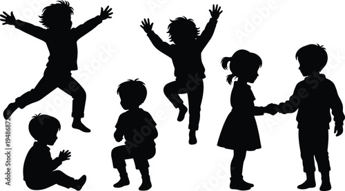 Silhouette illustration of seven playful children in dynamic poses, jumping, sitting, and interacting together, symbolizing childhood energy, friendship, social development, and educational themes.