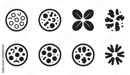 Collection of eight circular icons featuring pizza slices and floral or leaf motifs.
