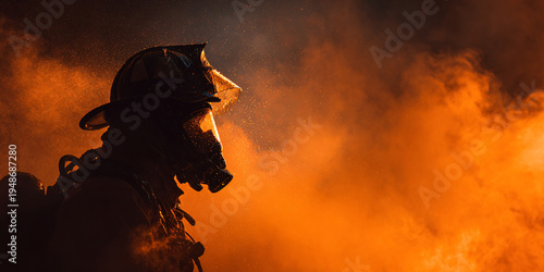 Bravery and rescue concept featuring a firefighter silhouette in orange and black tones with smoke texture and copy space on the dark side.