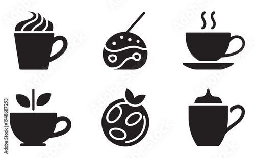 Set of six black silhouette icons depicting various hot beverages in cups and mugs.