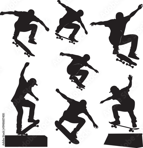 Collection of dynamic silhouette illustrations depicting skateboarders performing various extreme sports tricks and stunts