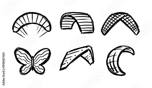 Hand-drawn sketch illustrations showcase a collection of abstract shapes including paraglider forms and a butterfly.