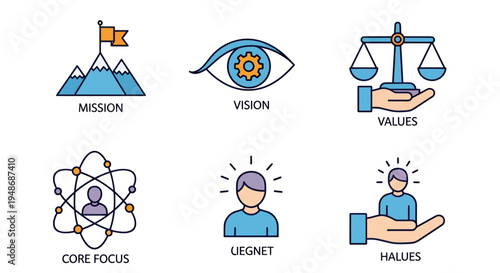 Business icons illustrating mission vision values core focus and strategic planning concepts across leadership and culture.