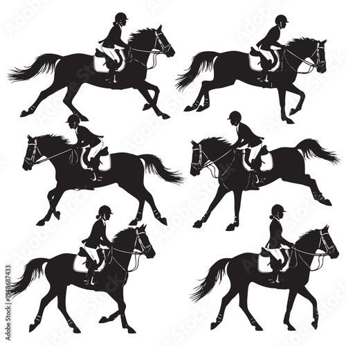 Dynamic collection of equestrian sport silhouettes showcasing various horse and rider poses in motion, ideal for graphic design and active lifestyle concepts