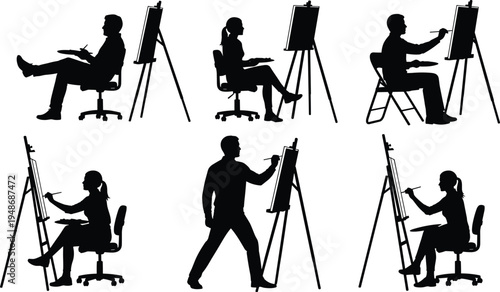 Silhouette illustration of six artists painting and drawing on easels in seated and standing poses, representing creative process, art education, and artistic design