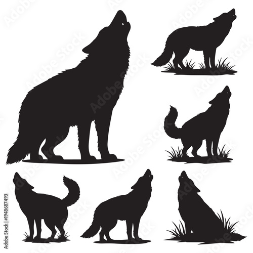 Silhouette illustrations of wolves howling against a white background, symbolizing wild nature and freedom