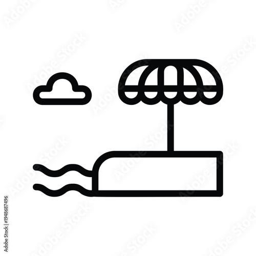Simple Line Art Icon of a Beach with Umbrella and Ocean Waves.