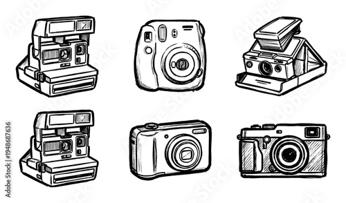 Collection of hand-drawn sketch illustrations featuring various camera models, including instant and digital, rendered in black and white.