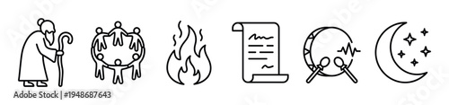 Diverse set of outline icons depicting an elderly person, community, fire, ancient scroll, drum, and celestial moon.