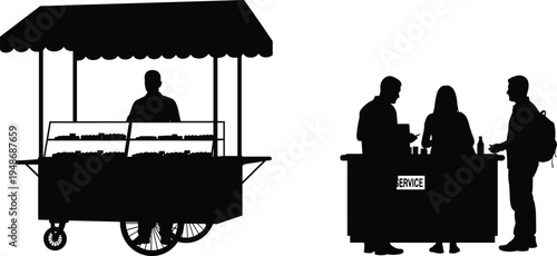 Silhouette illustration of street vendor with food cart and service counter interaction, representing commerce, customer service, retail business, and cultural marketplace design