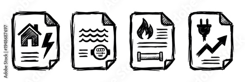 Hand-drawn icons illustrate various utility bills including electricity, water, gas, and overall rising energy costs for residential properties.