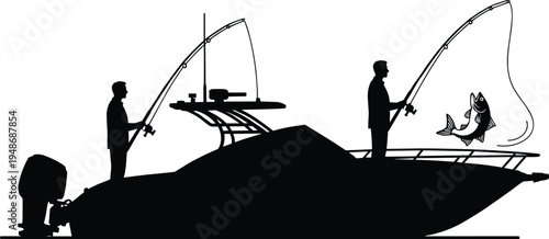 Silhouette illustration of two people fishing from motorboat, catching fish with rods, outdoor recreation scene representing leisure, boating, and successful fishing activity artwork