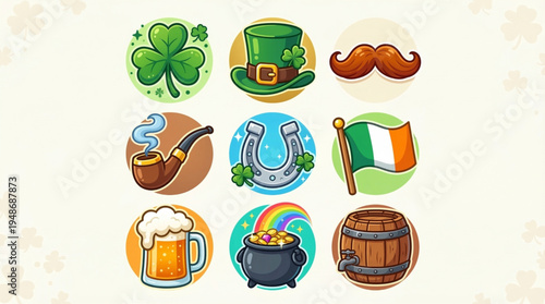 Bright St. Patrick’s Day Cartoon Icon Set with Leprechaun Hat, Shamrock, and Gold