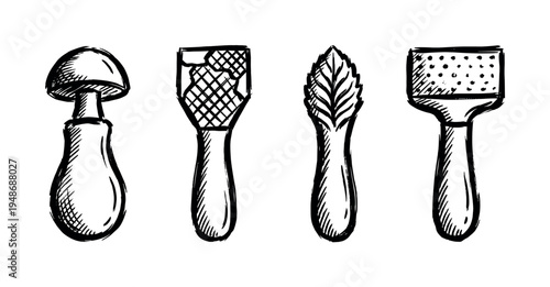 Collection of hand-drawn kitchen tools including various graters and peelers, depicted in a rustic sketch style.