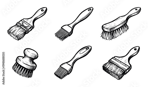 Collection of hand-drawn sketch illustrations depicting various types of paint and cleaning brushes for different applications.