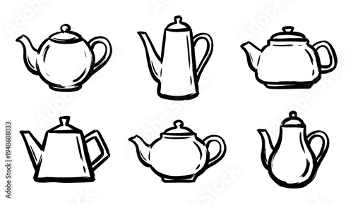 Collection of six hand-drawn teapots in various styles, illustrating different designs for hot beverage serving.