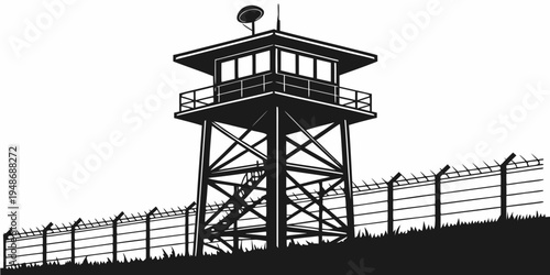 a tall watchtower with a fence and barbed wire Vector