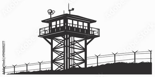 a tall watchtower with a fence and a railing Vector