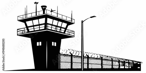 a guard tower with a fence and street light Vector