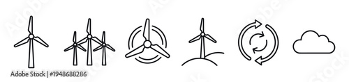 Collection of line art icons representing wind energy, renewable power, and environmental sustainability concepts for eco-friendly solutions.