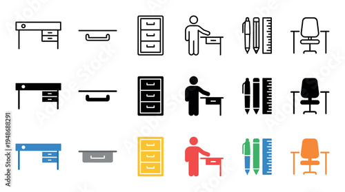 Collection of office furniture and supply icons in three distinct styles, including desks, chairs, file cabinets, and writing tools.