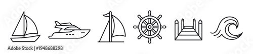 Collection of nautical line art icons featuring sailboats, a yacht, a ship's wheel, a pier, and a stylized ocean wave.