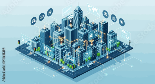 Isometric cityscape vector illustration with technology and infrastructure elements