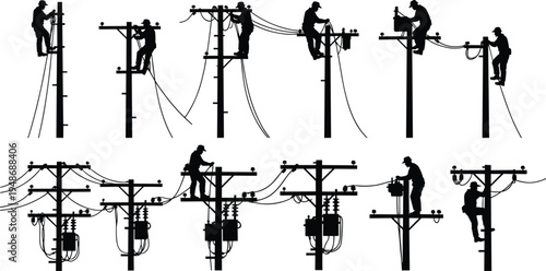 Silhouettes of utility workers on power poles performing electrical maintenance tasks with safety gear, tools, and equipment, illustrating hazardous essential work in energy infrastructure
