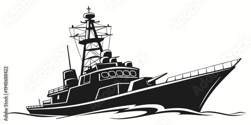 a large black boat with a tower on top Vector