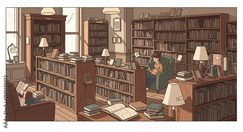 Vector illustration of a cozy library interior with bookshelves and reading lamps