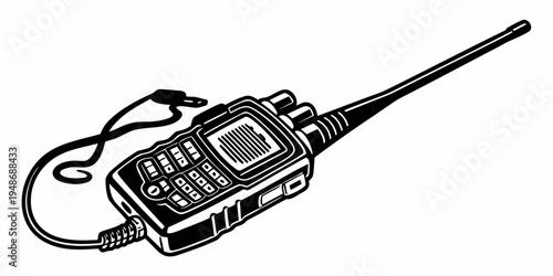 a handheld two way radio with antenna and earpiece Vector