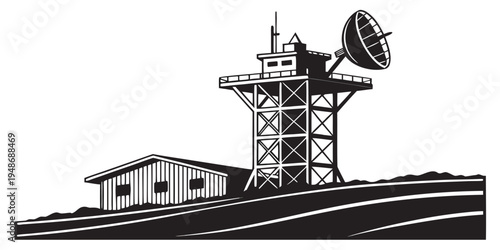 a satellite dish on a tower next to a small building Vector