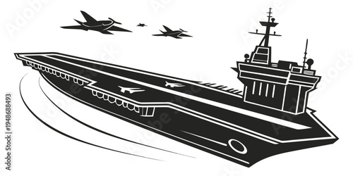 a large aircraft carrier with planes flying overhead Vector