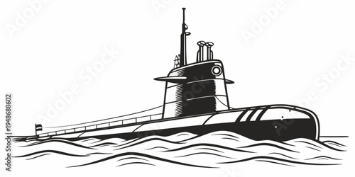 a black and white drawing of a submarine Vector