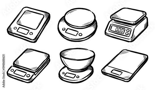 Hand-drawn collection of various kitchen scales and digital weighing devices in a sketch art style, suitable for cooking and baking.