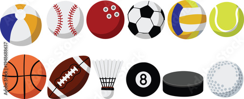 Sports balls collection set including soccer, basketball, baseball, tennis and golf equipment, colorful vector illustration isolated on white background for design