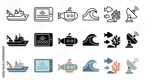 Collection of marine and ocean exploration icons featuring ships, sonar, submarines, waves, fish, and satellite dishes.