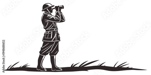 a man looks through binoculars on a grassy hill Vector