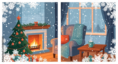 Vector illustration of cozy winter living room interior with Christmas tree and fireplace