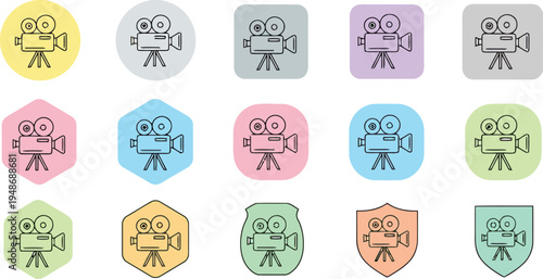 A collection of colorful video camera icons in various shapes