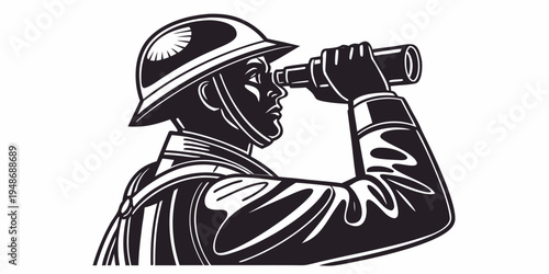 a man wearing a helmet looking through binoculars Vector