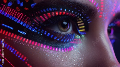A close-up of a human eye illuminated by colorful digital light patterns, blending technology and human features in a futuristic, cyber-inspired style.