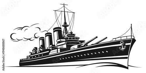 a large warship with smoke coming out of its stack Vector