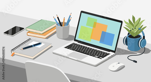 Vector office workspace desk with laptop, books, and plant