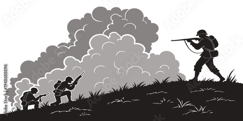 soldiers on a battlefield with smoke rising Vector