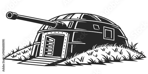 a black and white drawing of a bunker with a gun Vector