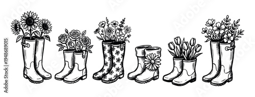 Hand-drawn illustration of various rubber boots used as charming planters for blooming spring and summer flowers.