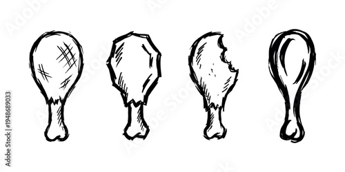 Hand-drawn sketch illustration depicting a row of chicken drumsticks, including one with a bite taken out, ready for a meal.